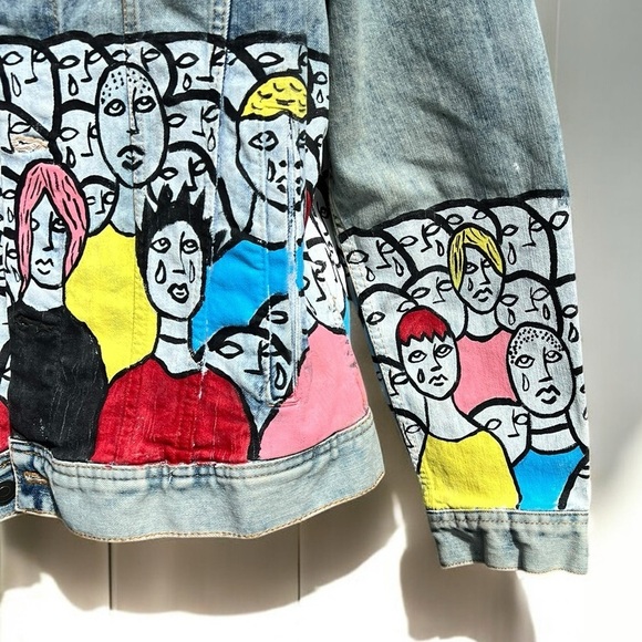 🌻Painted Crowd Crying Theme Men's Large Blue Denim Jacket by Designer Fuller - Picture 6 of 12